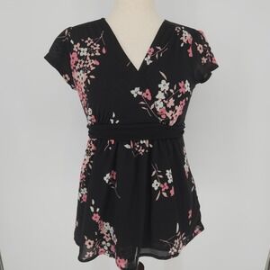 Oh Baby by Motherhood Maternity Floral Empire Waist V Neck Top Black Pink Small